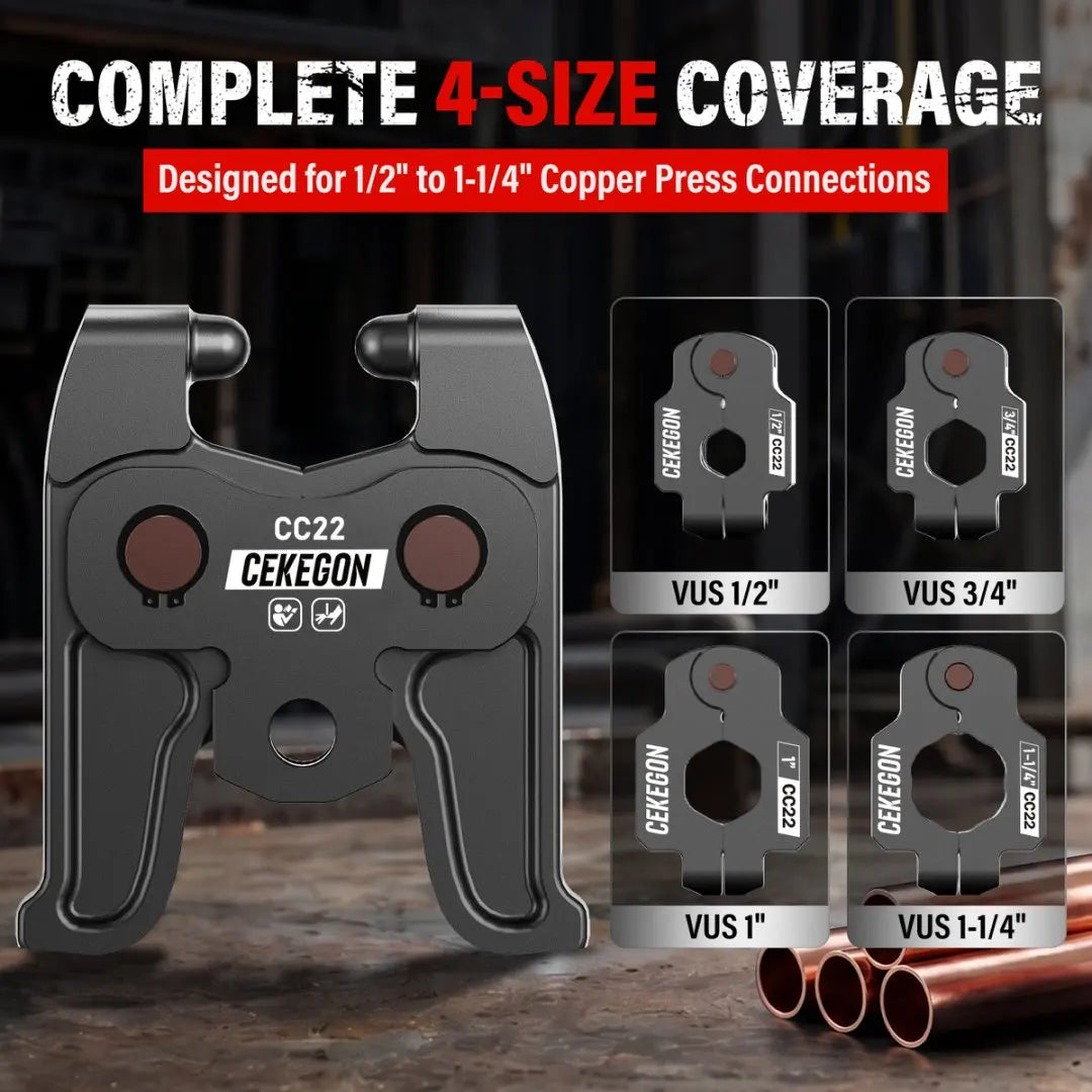 CEKEGON CC22 Actuator Copper Press Rings Kit 1/2", 3/4", 1", 1-1/4" For 22kN/24kN Copper Pipe Press Tools 180° Rotation Press Rings for Narrow Spaces
