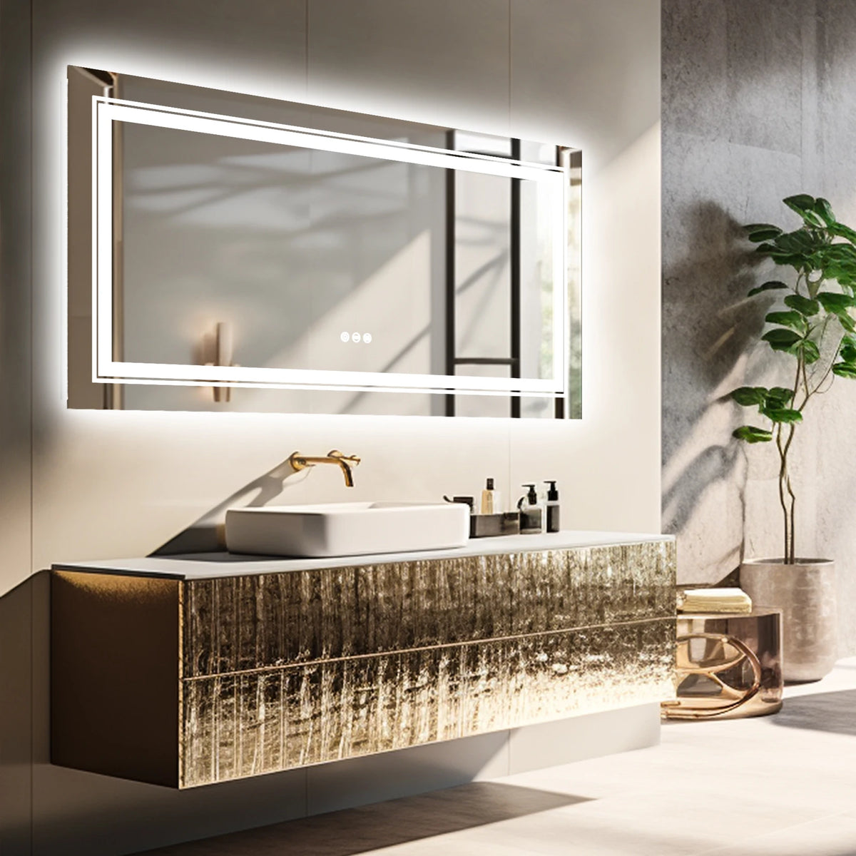 Extra Large Rectangle Bathroom Mirror LED Vanity Dimmable Backlit Anti-Fog Memory with Front and Backlight Shatter-Proof