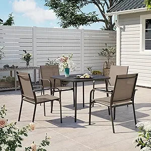 5 Pieces Outdoor Dining Set, Patio Furniture Set of 4 Textilene Chairs with Square Metal Slatted Table with Umbrel