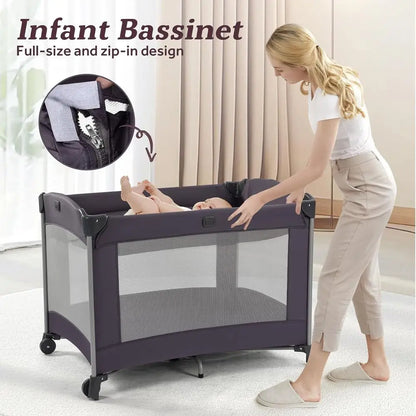 4-in-1 Portable Baby Playard, Foldable Playpen with Bassinet, Canopy, Changing Table, and Travel Crib