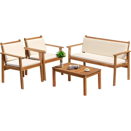 Outdoor Patio Furniture 4 Piece Bistro Sofa Set with Coffee Table and Loveseat Acacia Wood Conversation Sets with Cushi