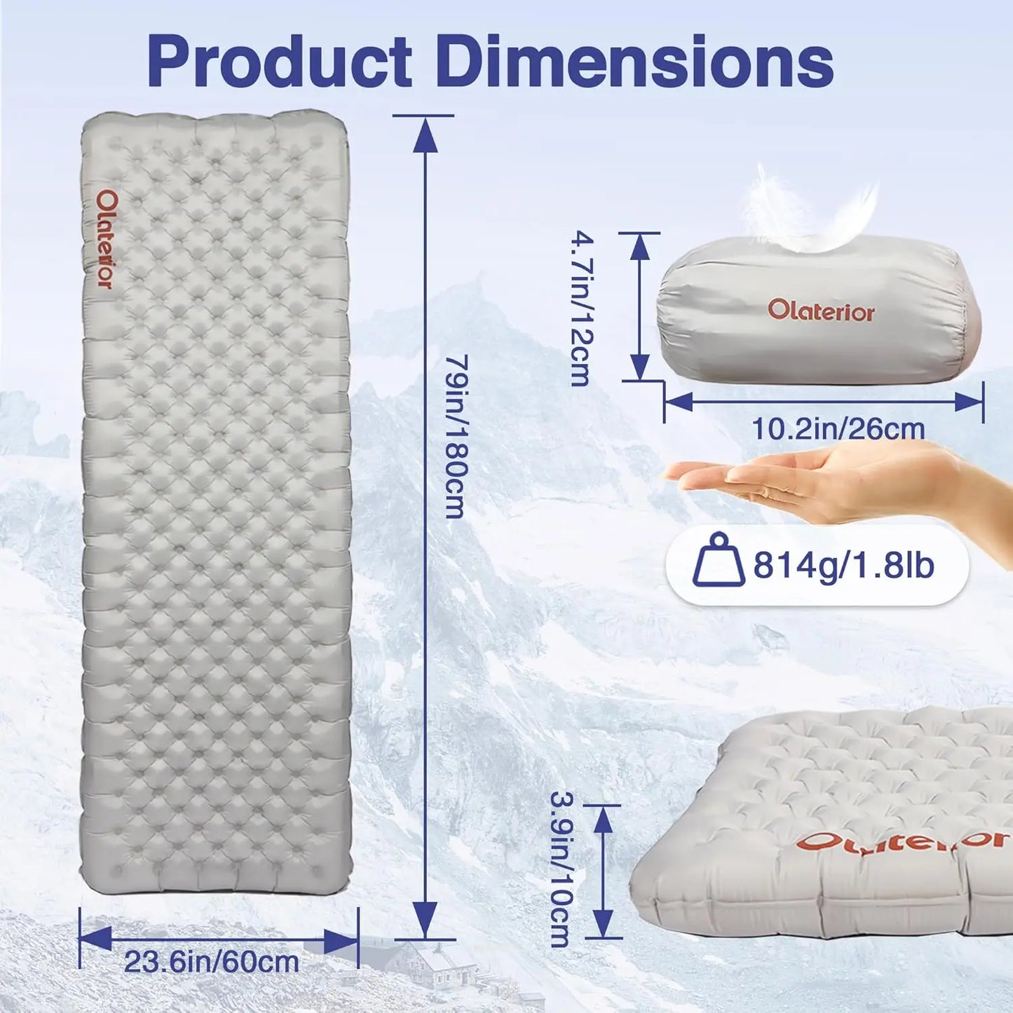 Ultralight Insulated Sleeping Pad 7.2 R, Inflatable Camping Mat 70.9 × 23.6in