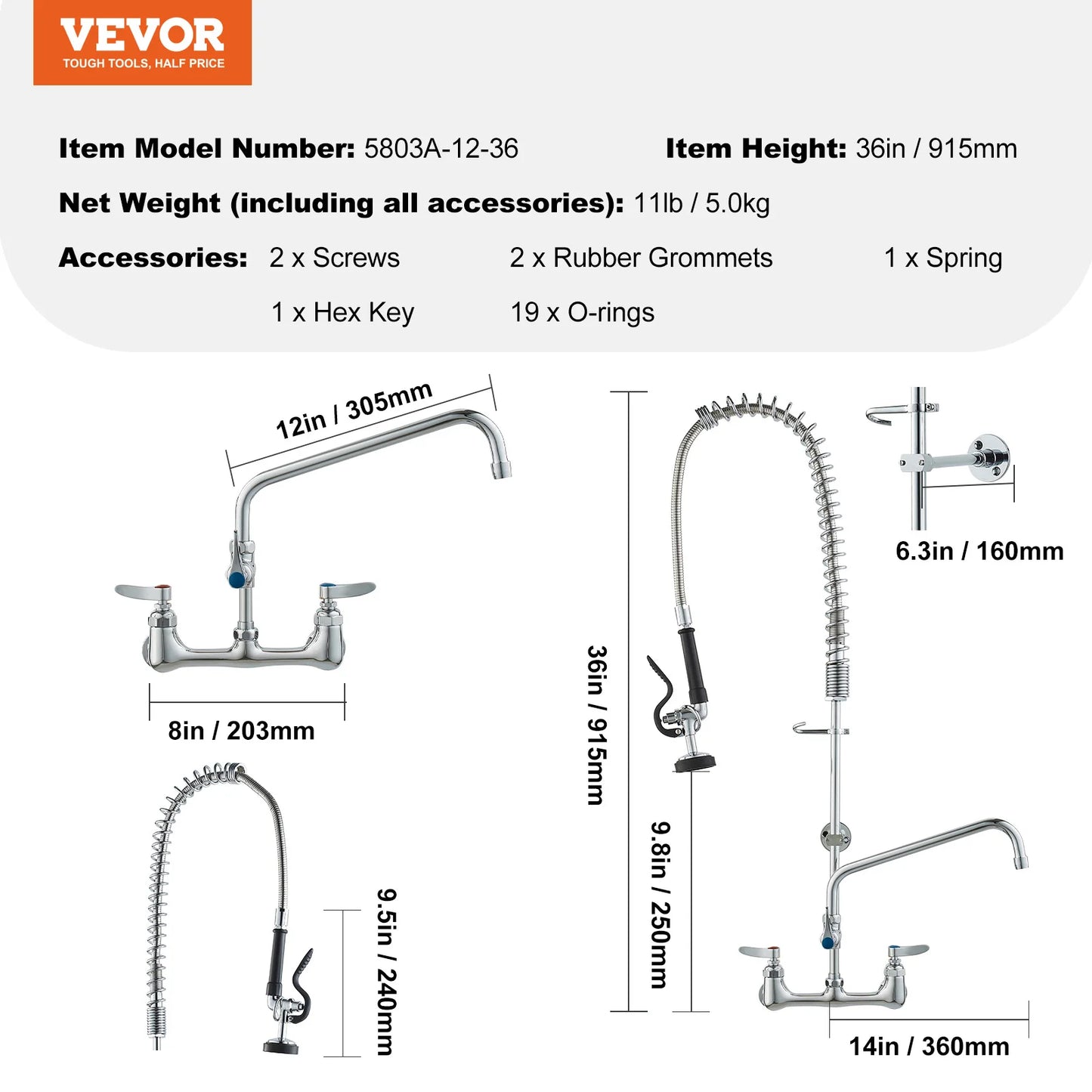 SucceBuy Commercial Faucet with Pre-Rinse Sprayer Wall Mount Kitchen Sink Faucet Brass Constructed Device with Pull Down Spray