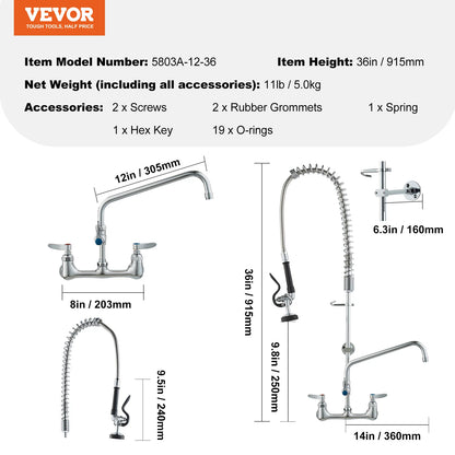 SucceBuy Commercial Faucet with Pre-Rinse Sprayer Wall Mount Kitchen Sink Faucet Brass Constructed Device with Pull Down Spray