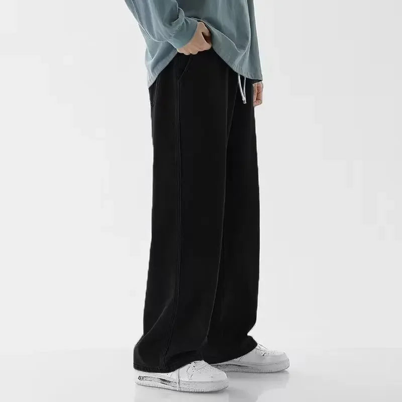 2025 New Korean Men's Casual Long Jeans Classic Man Straight Denim Wide-leg Pants Solid Color Light Blue Grey Black