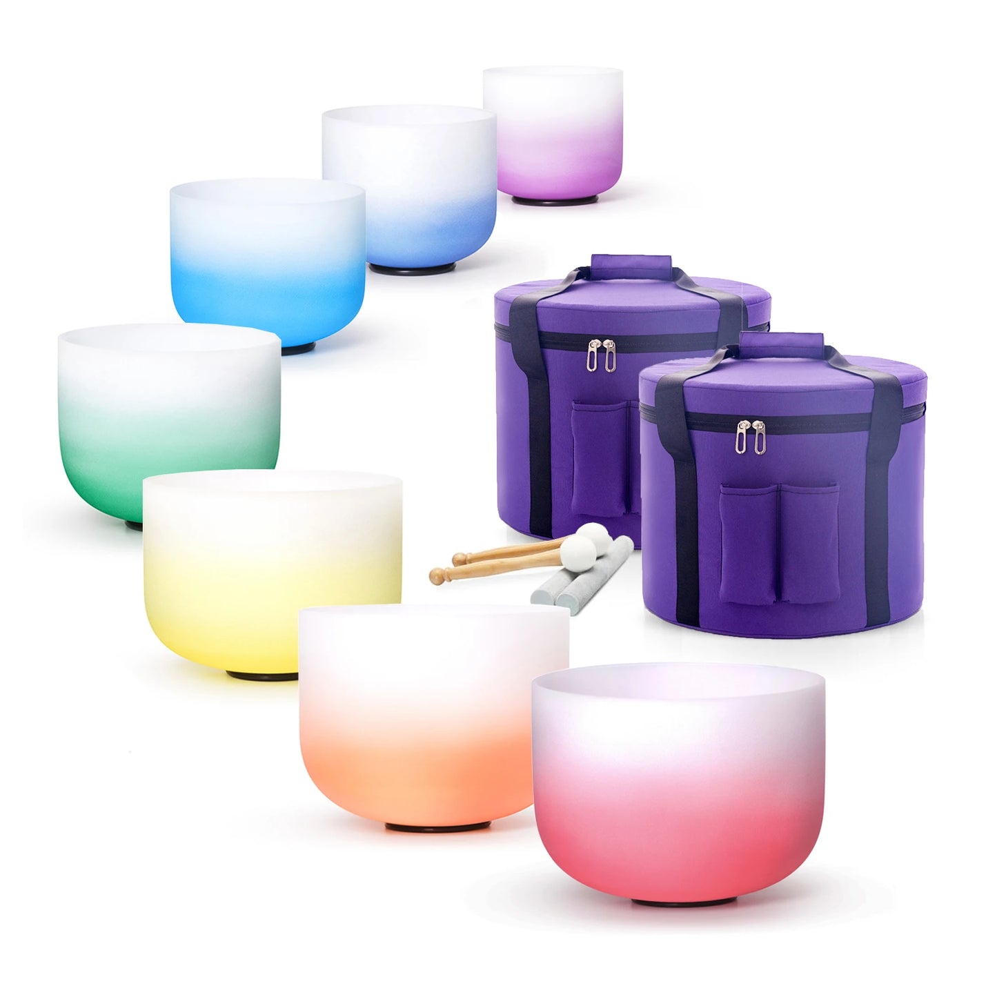 Colored Quartz Crystal Singing Bowl 7pcs Chakra Set Sound Healing Meditation with/without Free Carry Bags