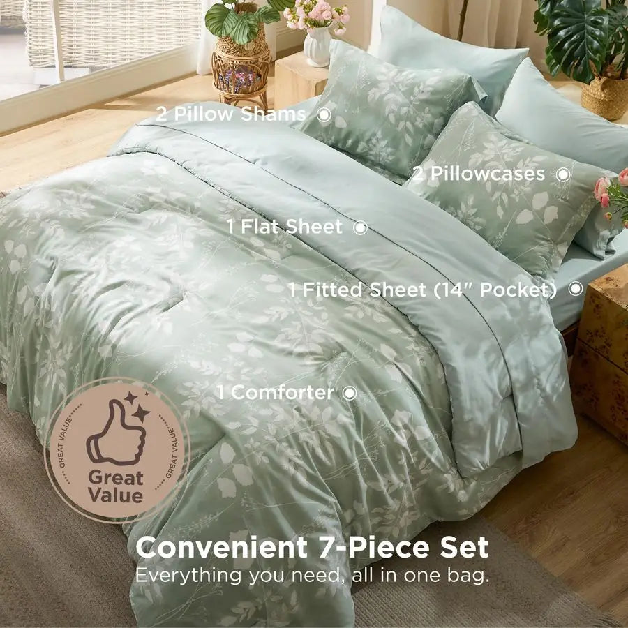 Queen Comforter Set 7 Pieces Floral Sage Green GentleSoft Bedding Sets, Queen Bed in a Bag with Botanical Flowers Winter Comfort