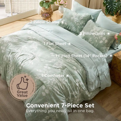 Queen Comforter Set 7 Pieces Floral Sage Green GentleSoft Bedding Sets, Queen Bed in a Bag with Botanical Flowers Winter Comfort