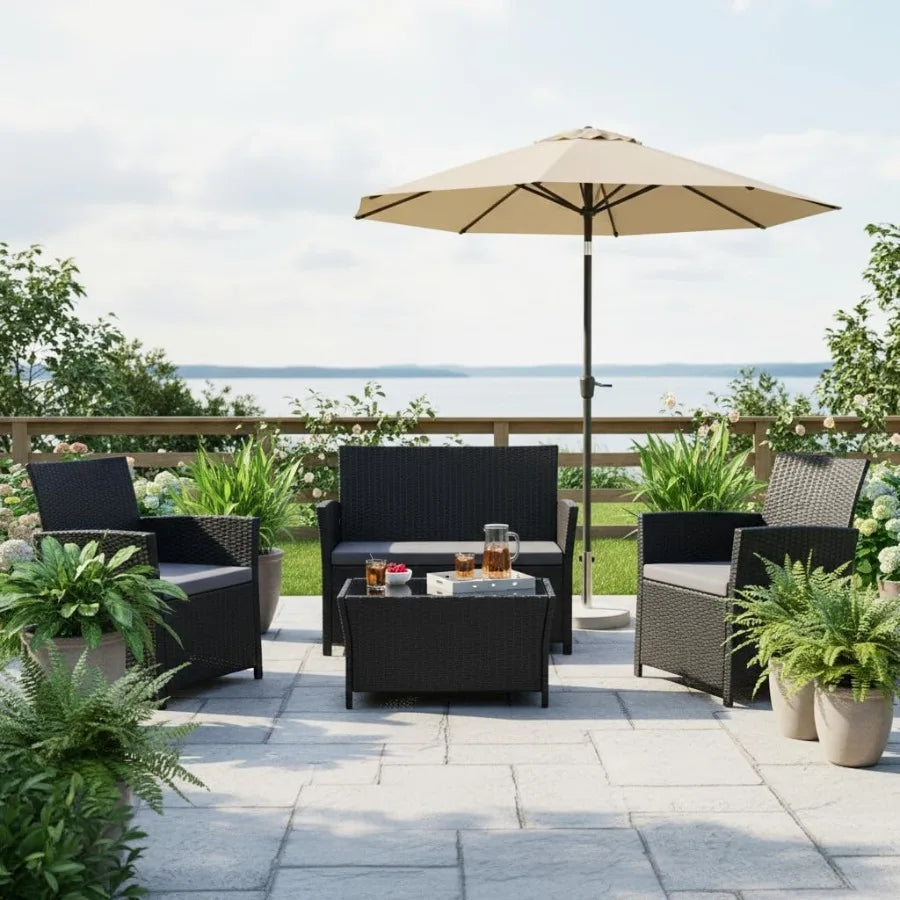 4 Piece Outdoor Patio Furniture Sets for Balcony Porch Backyard: Durable Rattan Conversation Sofa Set with Black-Grey Finish We