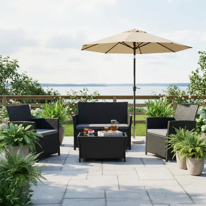 4 Piece Outdoor Patio Furniture Sets for Balcony Porch Backyard: Durable Rattan Conversation Sofa Set with Black-Grey Finish We