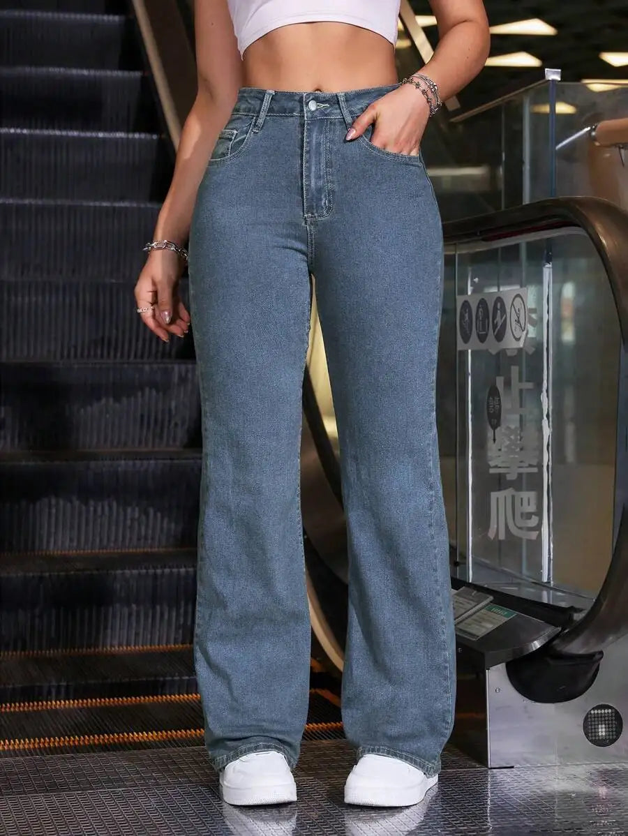 High Waist Wide Leg Washed Denim Jeans for Women - Casual Streetwear Style
