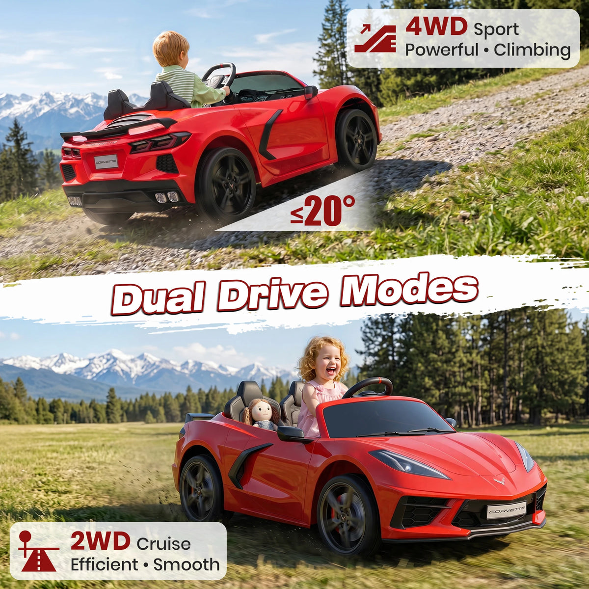 Licensed Corvette 24V Kids Ride On Car 4WD/ 2WD 2 Seater Electric Toy Vehicle, 4x200W Motors, Parent Remote Control, 10" Light Wheels, Dual Drive Modes, Bluetooth Music, XL Large Size Kids Ideal Christmas Halloween Gift for K