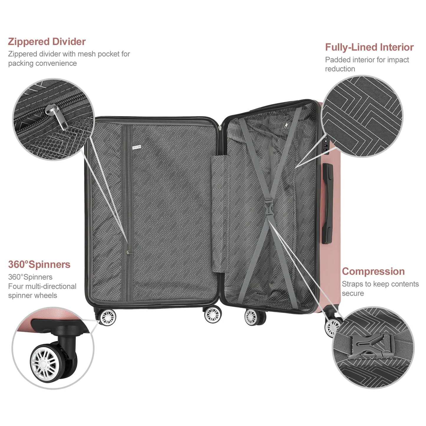3-PC Champagne ABS Luggage Set w/Ergo Handle & Smooth-Zipper, 360° Spinner Wheels Trolley Cases - Lightweight Travel Suitcases