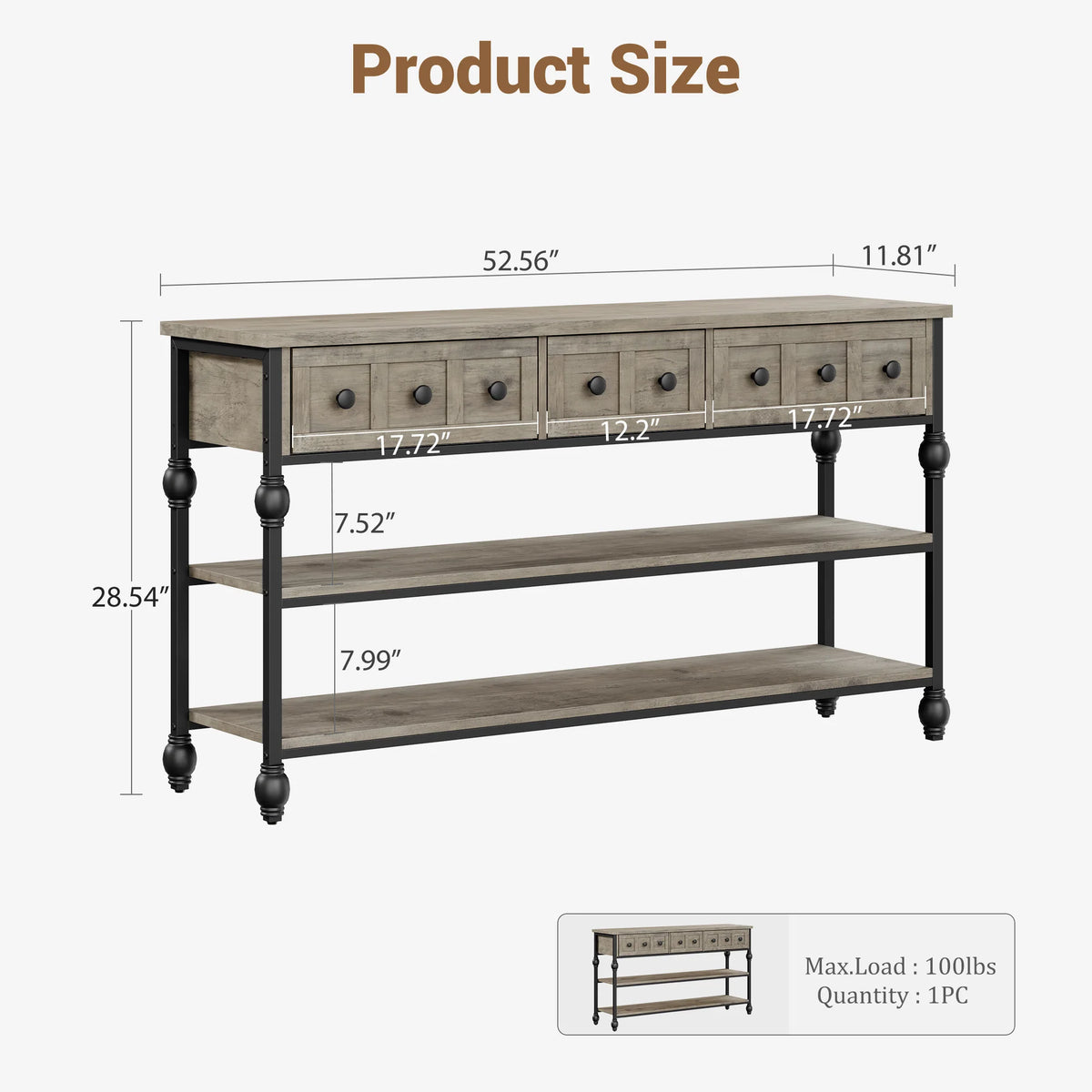 52.5 in Long Console Tables for Entryway with 3 Drawers, 3-Tier Industrial Metal Frame Sofa Table with Roman Column Legs for Hallway, Living Room, Foyer