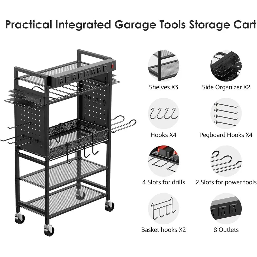 Black Rolling Garage Storage Cart with Power Tool Organizer and Charging Station for Mechanics