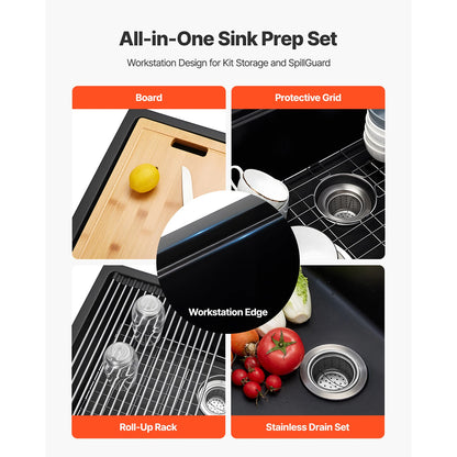 SucceBuy 30 33inch Kitchen Sink Workstation Undermount Granite Sink Drop-In Single Bowl Farmhouse Basin for RV, Prep Kitchen
