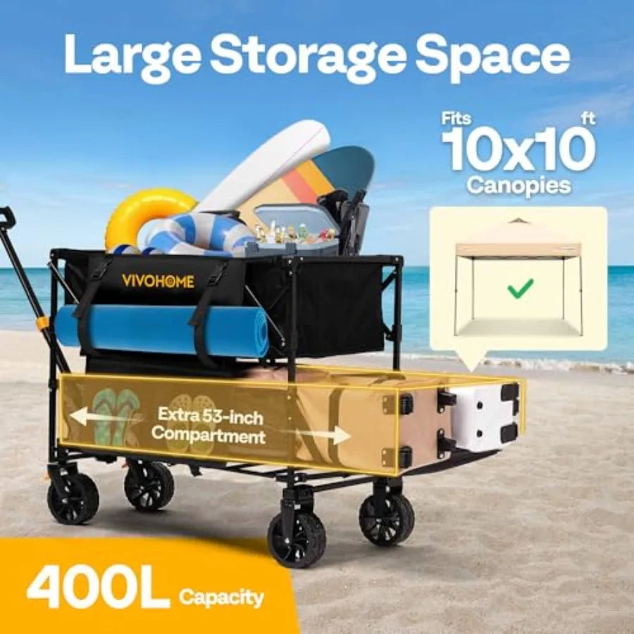 400L Large Capacity Double Decker Collapsible Wagon 500lbs Heavy Duty Utility Folding Cart with Big Wheels 53 Extended for Camp