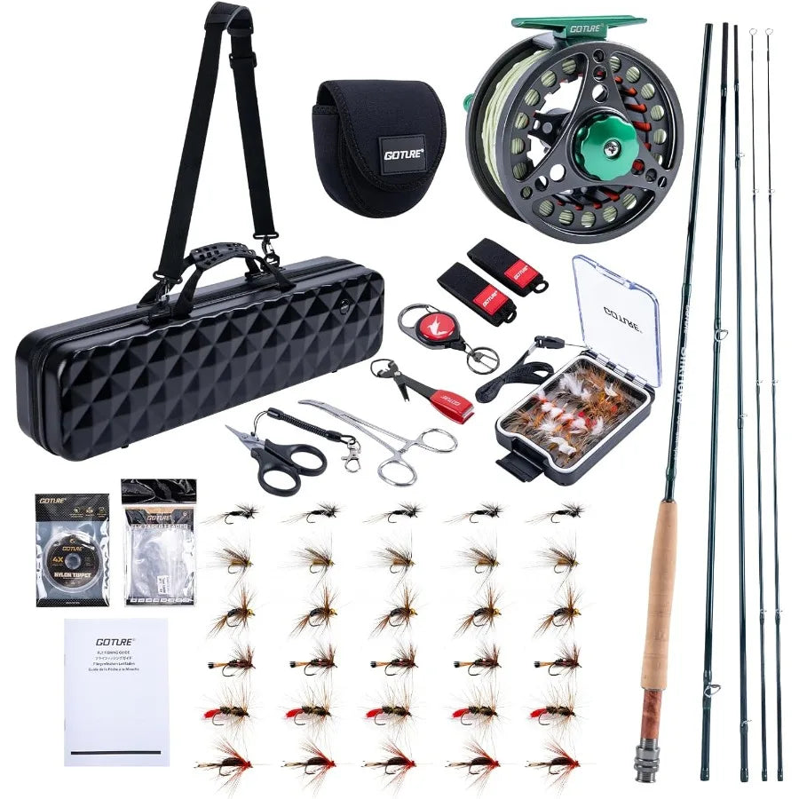 Complete 9FT 4Piece Fly Fishing Rod and Reel Combo with PreSpooled Reel Fly Line Flies Leader Tippet Forceps Nipper Gear Case a