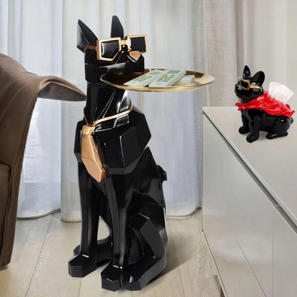 homary Modern Resin Dog Sculpture Geometric Standing Statue Cute Side Table Tray End Table with Tissue Storage (Black)