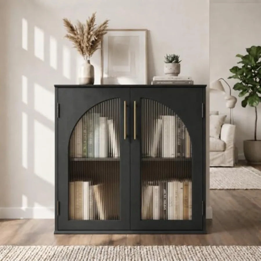 31.5 Glass Door Buffet Cabinet with Storage, Modern Double Arched Sideboard Cabinet for Living Room Dining Room Entryway, Coffe