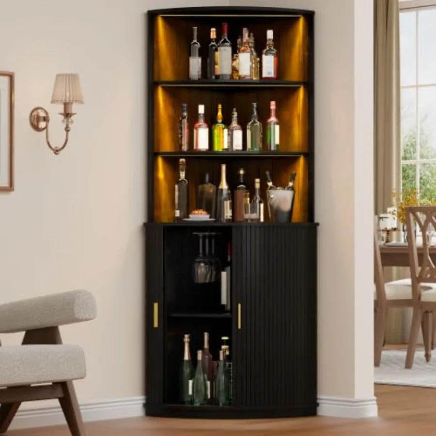 71" Tall Corner Bar Cabinet with LED Light and Wine Glass Holder