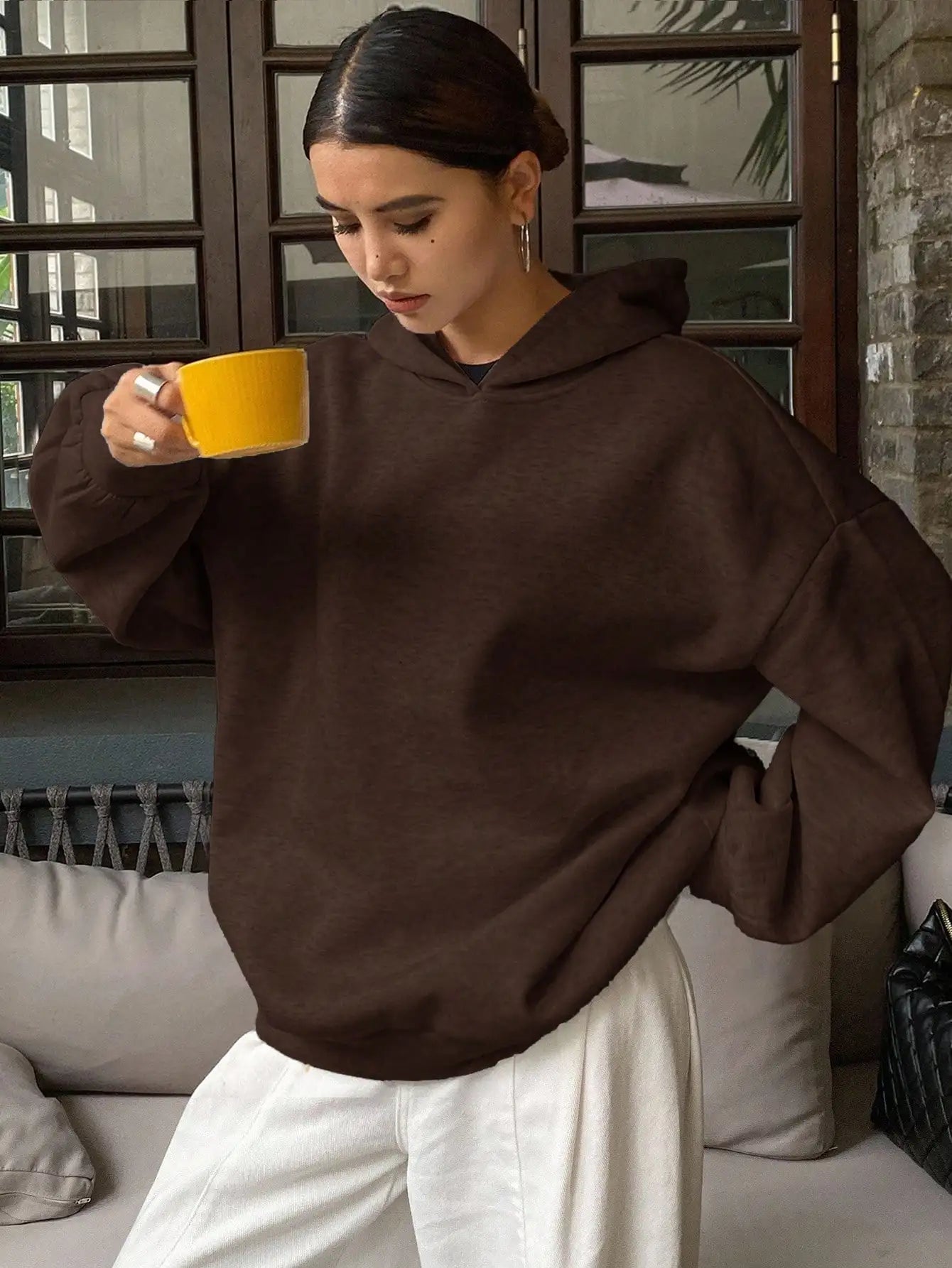 DAZY Women's Oversized Hoodie with Thermal Lining, Solid Gray Casual Sweatshirt for Fall Winter