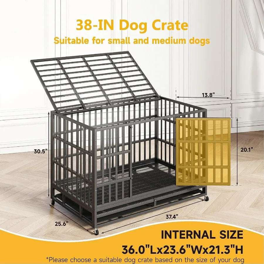48/42/38 Inch Heavy Duty Indestructible XL Dog Crate Steel Escape Proof Indoor Double Door High Anxiety Cage with Wheels Remova
