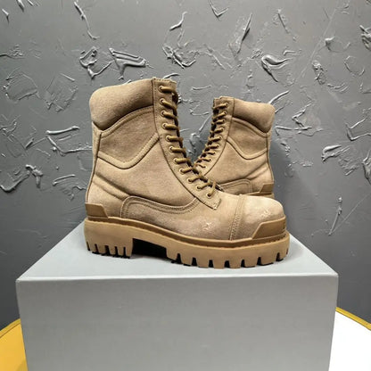 New Full Grain Leather Mid Calf Short Boots Round Toe Roomy Fit Cement Construction Men's Fall Winter Outdoor Boots
