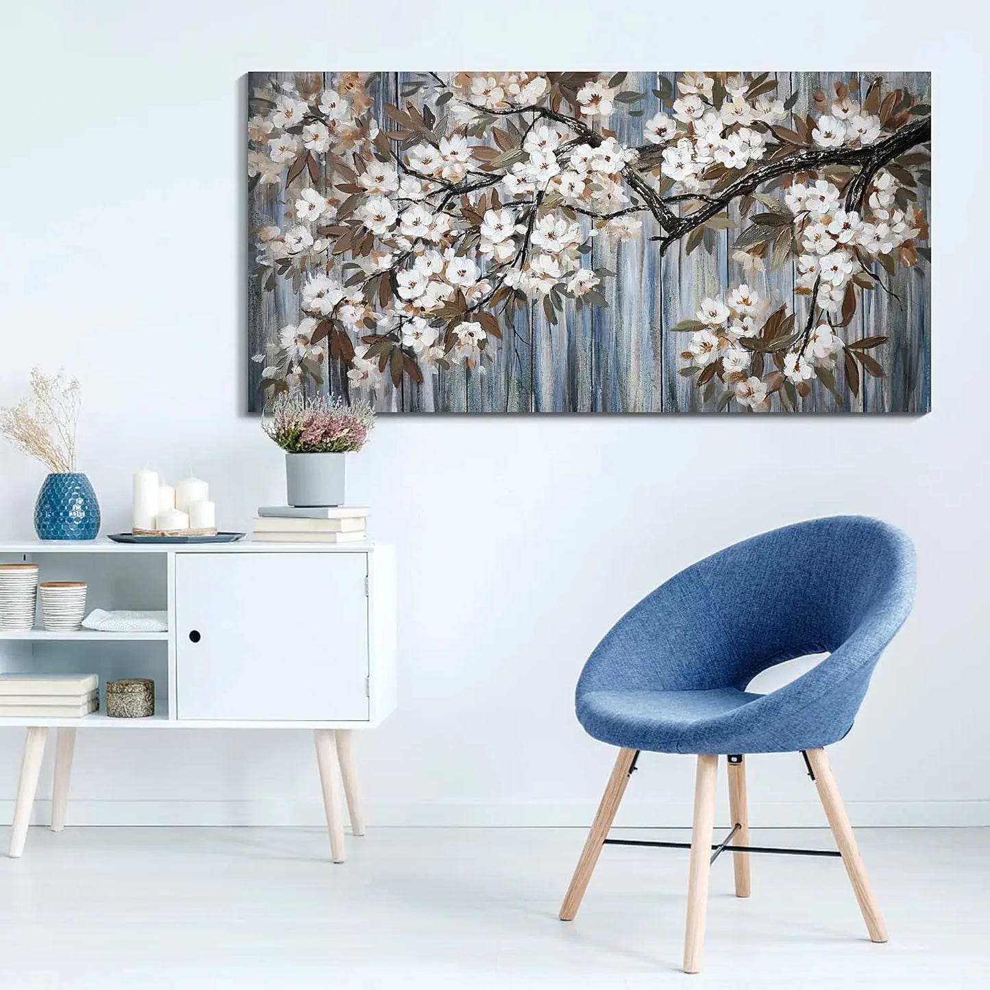 Abstract White Flower Tree Gray Driftwood Canvas Art 24x48 Inch Modern Framed Wall Decor Ready to Hang
