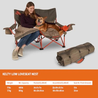 Low Loveseat Nest TwoPerson Camping Chair with 2 Removable Blankets Lower to the Ground Design Slight Recline for Comfort Insul