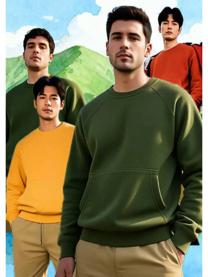 Four piece men's round neck hoodie fleece pullover set offers eight colors of soft cotton blend hoodie