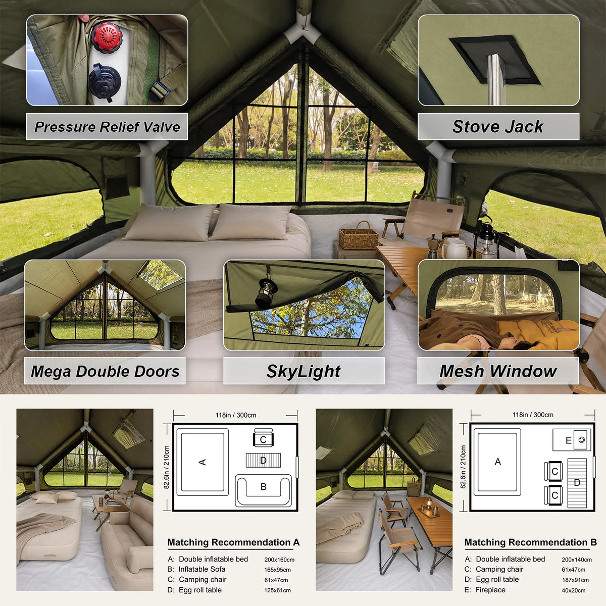 SENLEETO Inflatable Camping Tent 2-4 Person Waterproof 420D Oxford Cloth Glamping Family Tent with Stove Jack & AC Hole, Easy Setup Air Tent with Manual Pump & Detachable Extension Rain Poncho Canopy