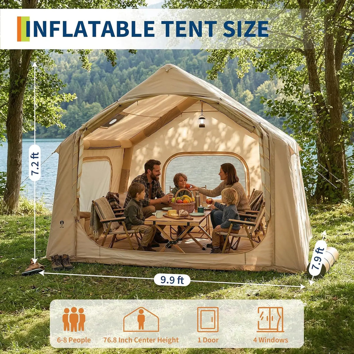 Tacleekii Inflatable Camping Tent Portable Blow Up Tent Waterproof Air Glamping Tent with Skylight & Stove Jack Family/Friends Camping Gathering, 4-Season Indoor Outdoor Use, for 2-6 Person