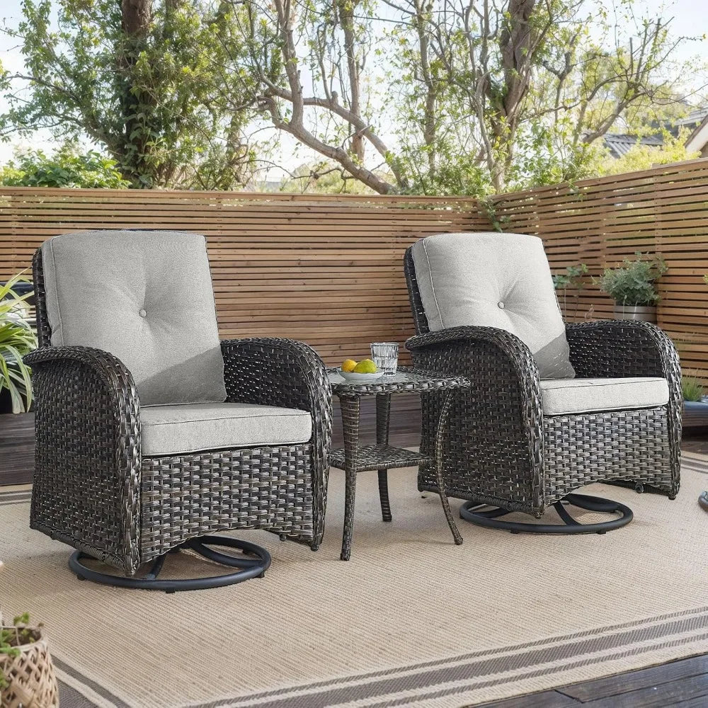 Outdoor Swivel Chairs,3 Pieces Patio Furniture Set with 360 Degree Wicker Swivel Rocking Chairs and Side Table for Garden,Porch