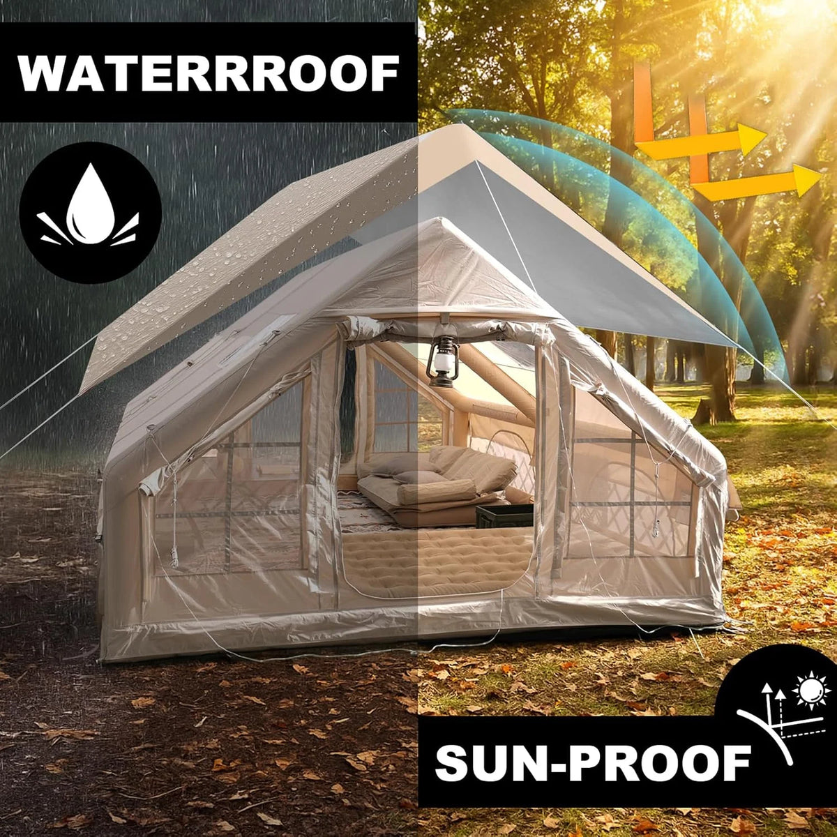 SENLEETO Inflatable Tent 129 Sq.Ft 420D Oxford Fabric Family Camping Air Tent with Rainfly Stove Jack AC Port and Manual Pump