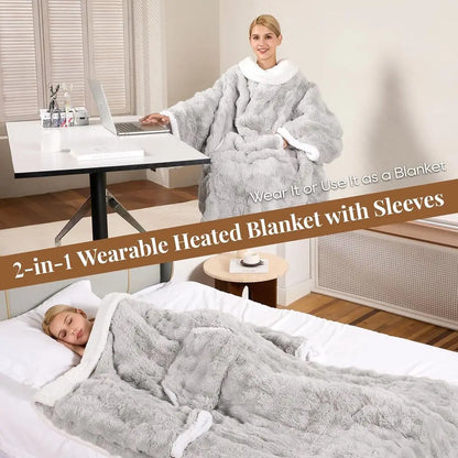Heated Blanket, Luxury Faux Fur & Sherpa Electric Throw Blanket with Sleeves, Foot Pockets, Heated Robe for Women Men Gift, 3 He