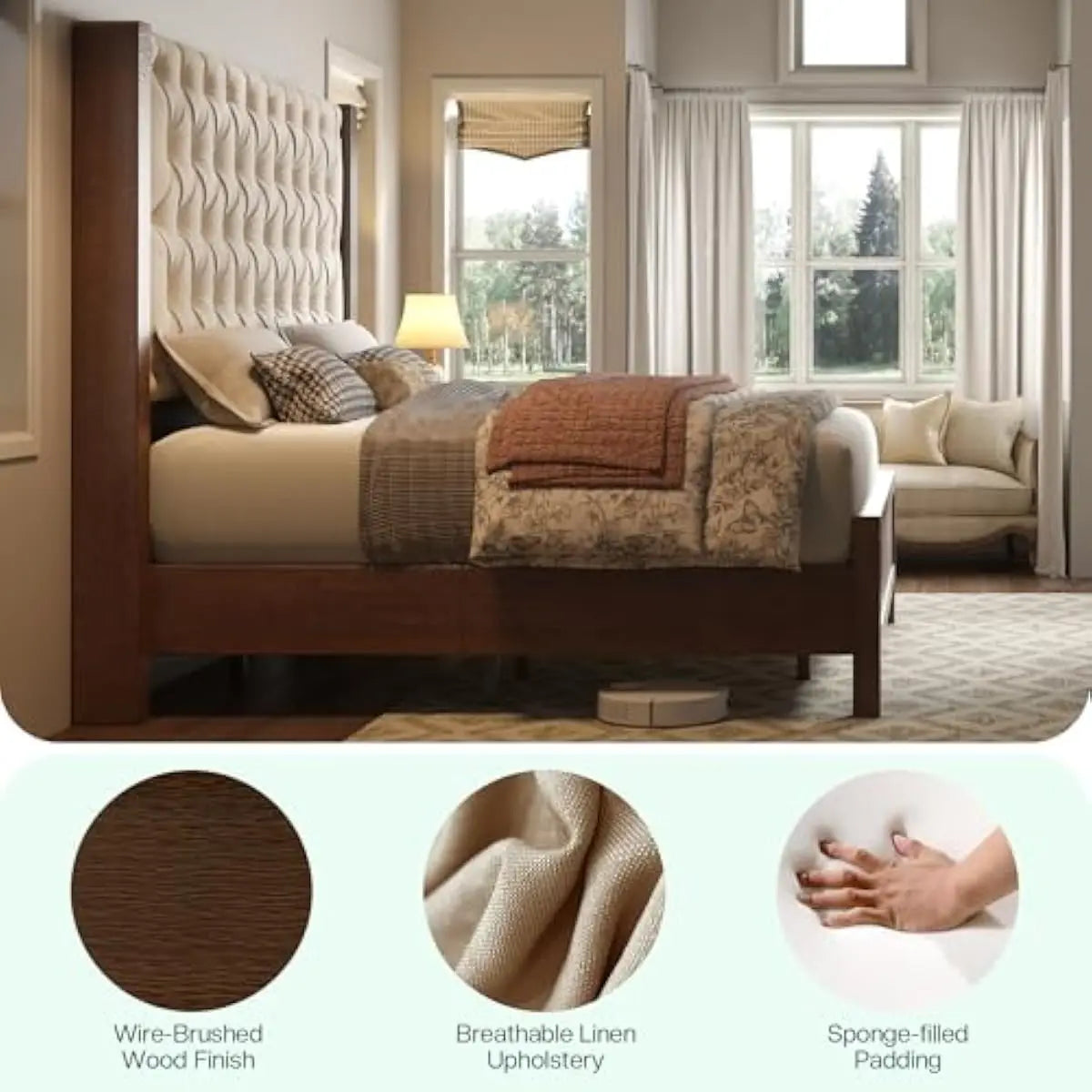 King Size Solid Wood Bed Frame,57' Wingback Headboard,Walnut