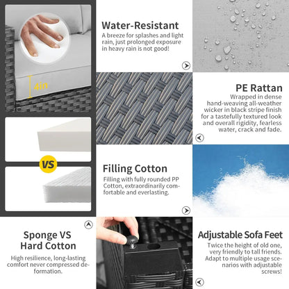 Patio Wicker Furniture Set 6 Pieces Outdoor HDPE Wicker Conversation Couch Sectional Chair Sofa Set with Grey Cushions