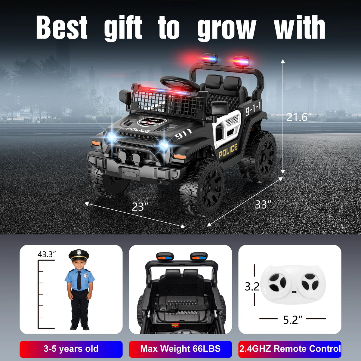 12V Ride On Car with Parent Remote Control, Toddler Police Electric Car with Spring Suspension, LED Lights & Music Player,Safe Battery Toy for Kids, Christmas & Birthday Gift