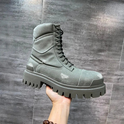 New Full Grain Leather Mid Calf Short Boots Round Toe Roomy Fit Cement Construction Men's Fall Winter Outdoor Boots