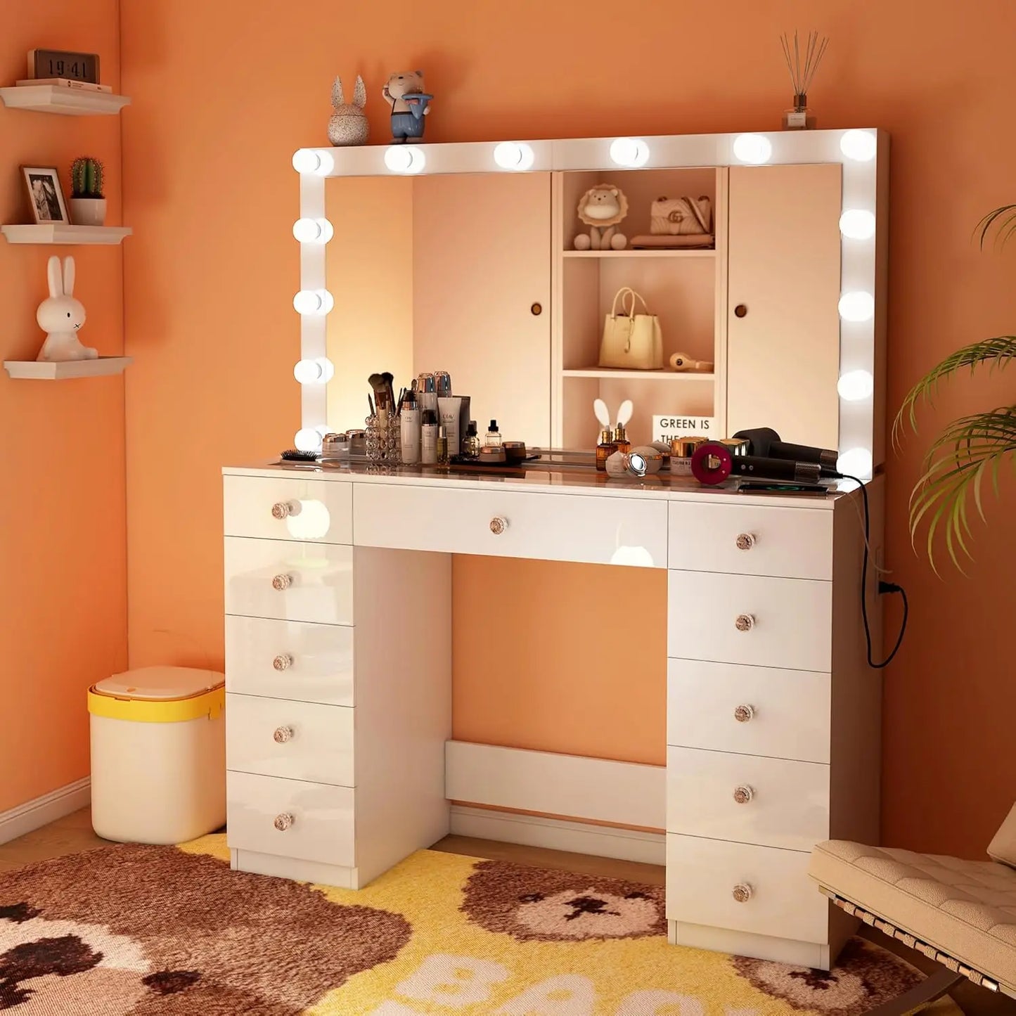 Vanity Desk with Power Outlet, Makeup Vanity with Mirror and 14 LED Light, 3 Lighting Modes,11 Drawer Vanity Table , White