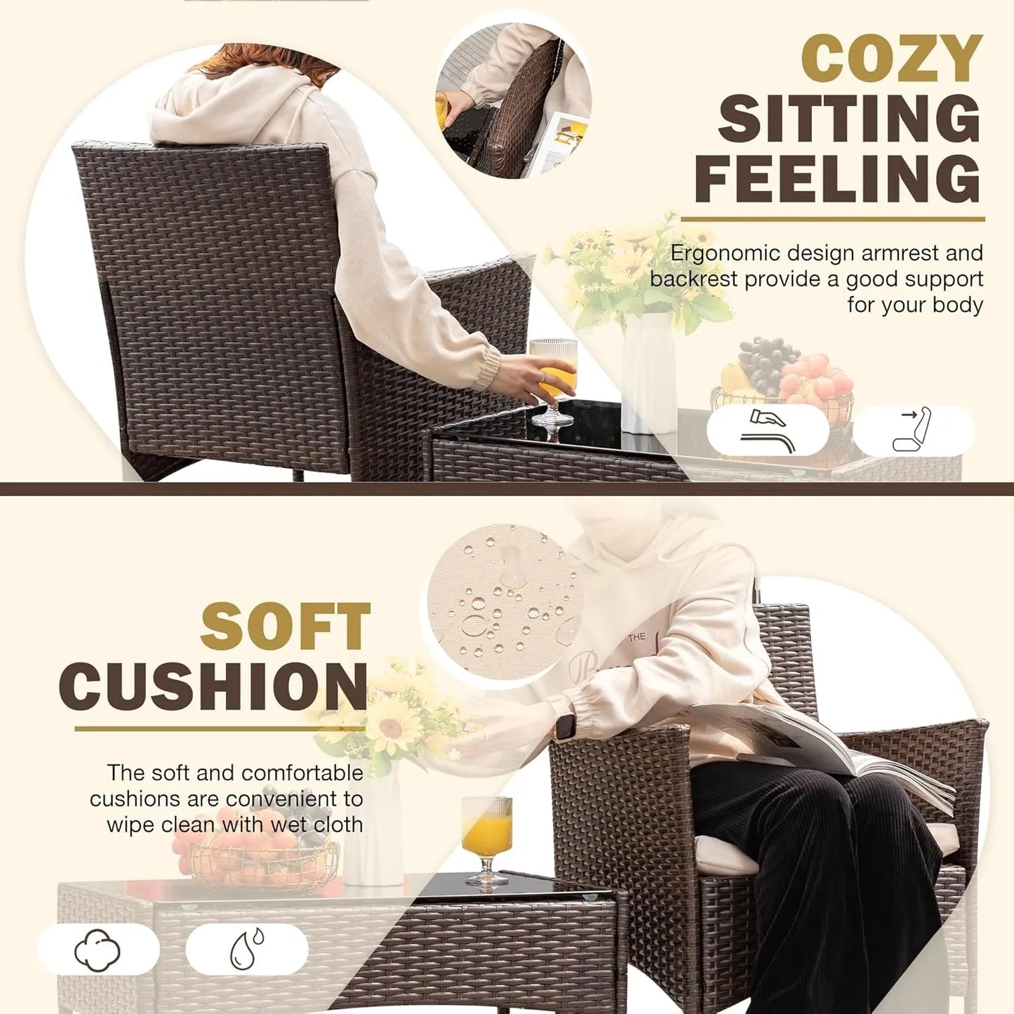 4-piece set of outdoor terrace furniture, rattan chairs, wicker covers, outdoor indoor use, backyard porch (brown and beige)