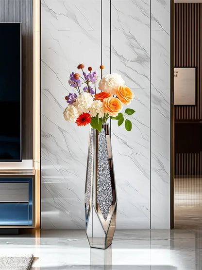 34” Tall Standing Flower Vase Crushed Diamond Mirrored Silver Glass Decorative Flower Vase Corner Vase for Home