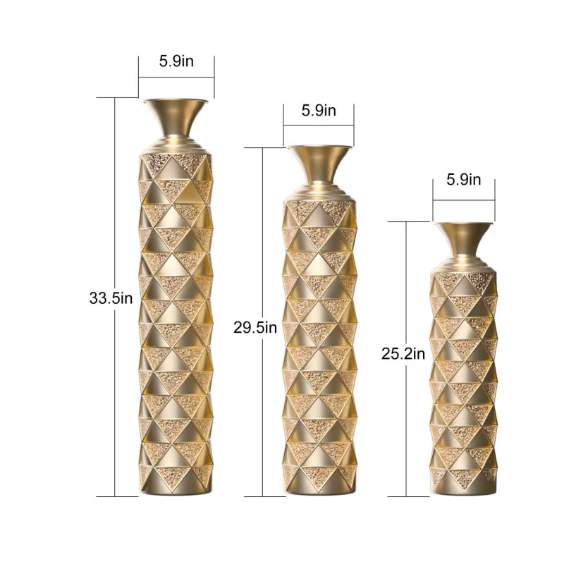 Large Size Metal Decorative Vase Set 3D Triangle Pattern 3 Sizes (33.5\" 29.5\" 25.2\") In High Gold For Home Decoration USA