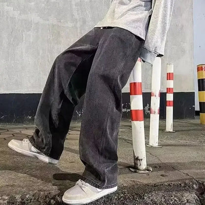 2025 New Korean Men's Casual Long Jeans Classic Man Straight Denim Wide-leg Pants Solid Color Light Blue Grey Black