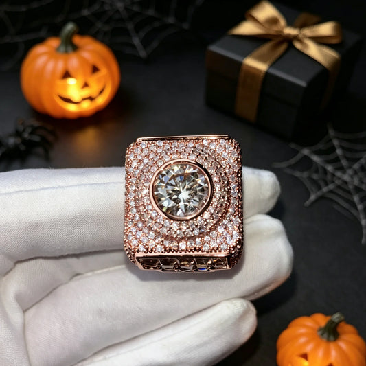 Iced Out Moissanite Square Ring for Men Rose Gold Plated Hip Hop Full Paved Moissanite Rings Luxury Bling Jewelry Halloween Gift Birthday Holiday Present Party Daily Wear Fashion Statement Ring