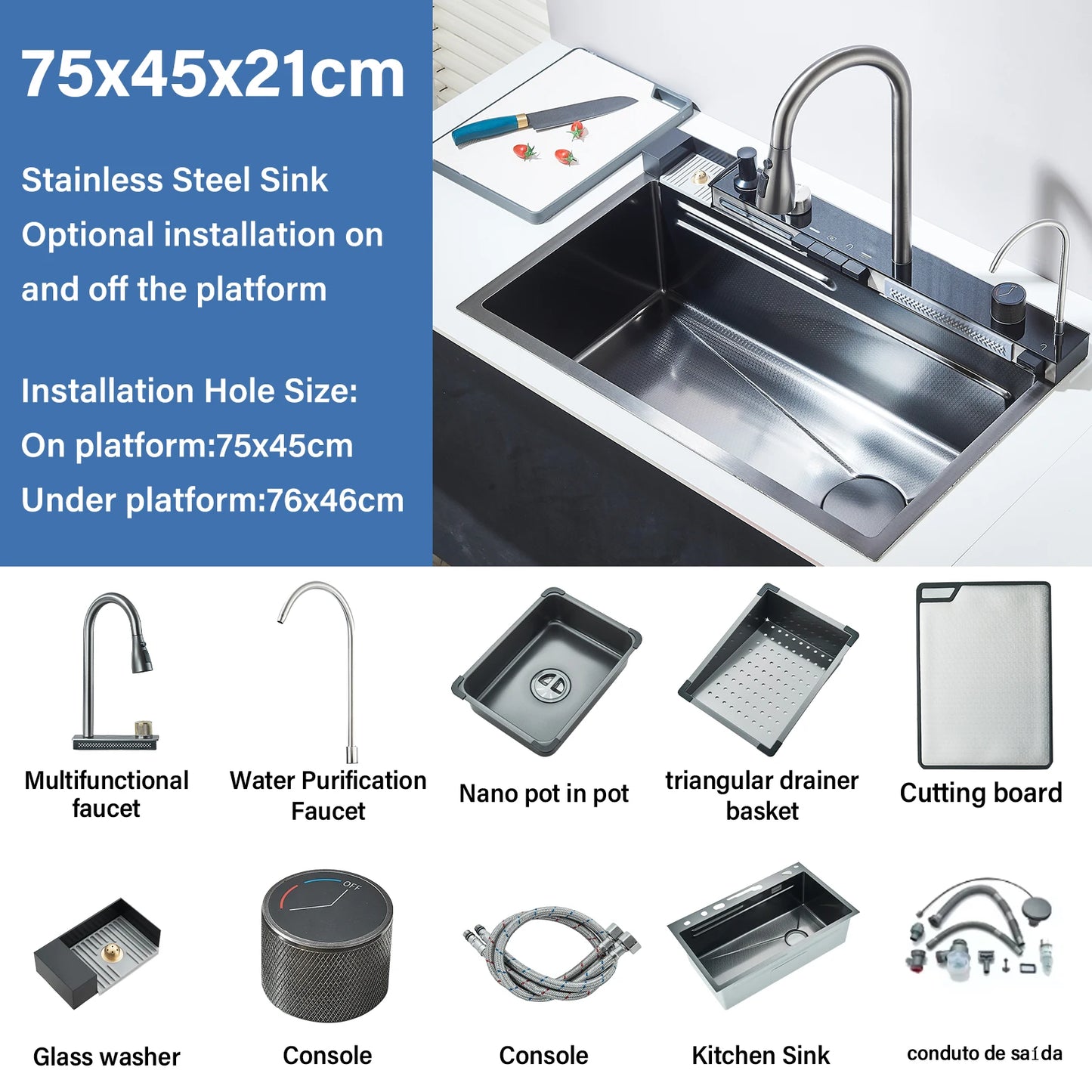 304 Stainless Steel  Multifunctional Kitchen Sink Faucet Set Rainfall Spout Pull Out Sprayer Pure Tap Cold Hot Water Mixer
