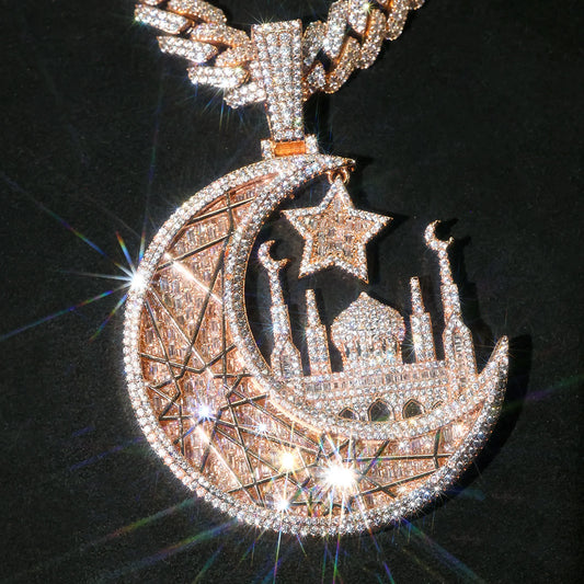 LYEE CYEE 925 Silver Inlaid Moissanite Star Moon Combination Pendant Necklace Exquisite Castle Jewelry Pendant, Can Be Paired With Cuban Chain Hip Hop Streetwear Necklace for Men Jewelry