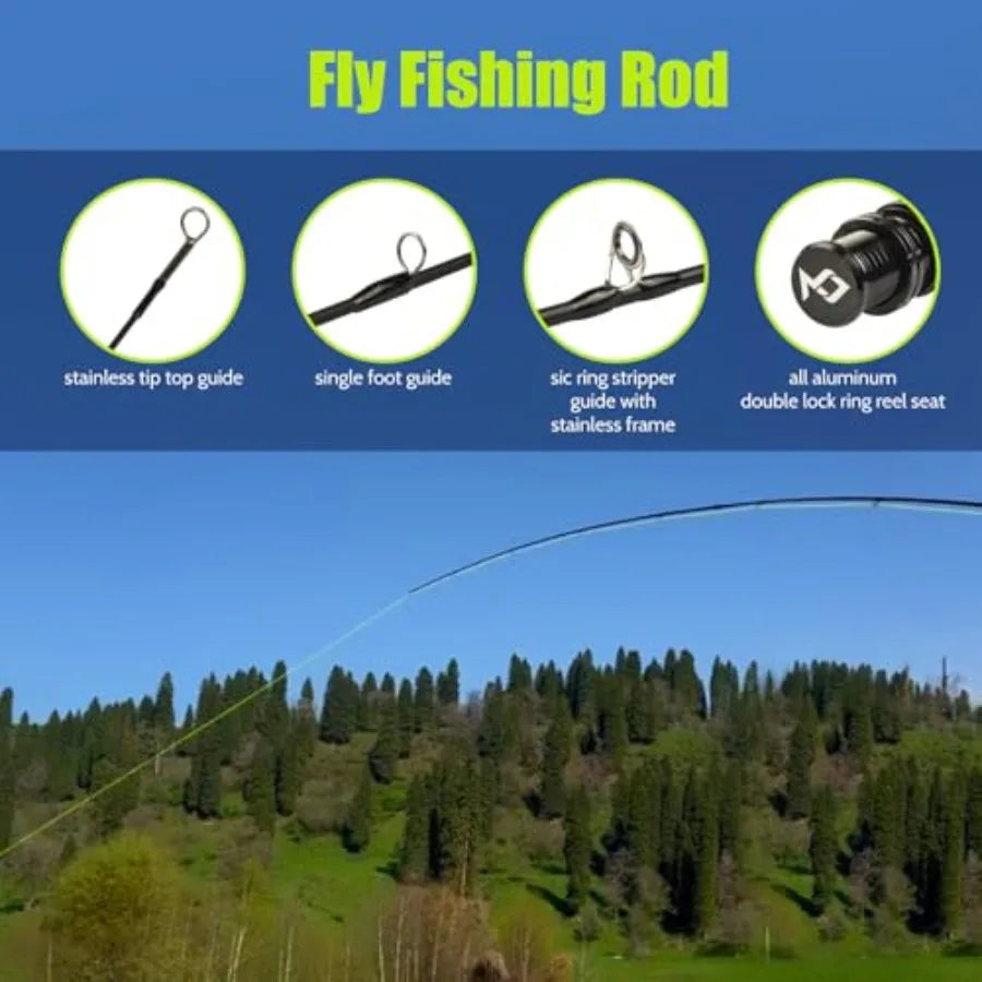 Fly Fishing Rod and Reel Combo Starter Kit Featuring Graphite Fly Rod with Cork Handle and Die Cast Aluminum Reel for Freshwate