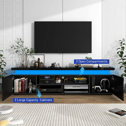 Modern 85 Inch LED TV Stand with Built-in Power Outlet and High Gloss Entertainment Center Featuring Storage and LED Lighting